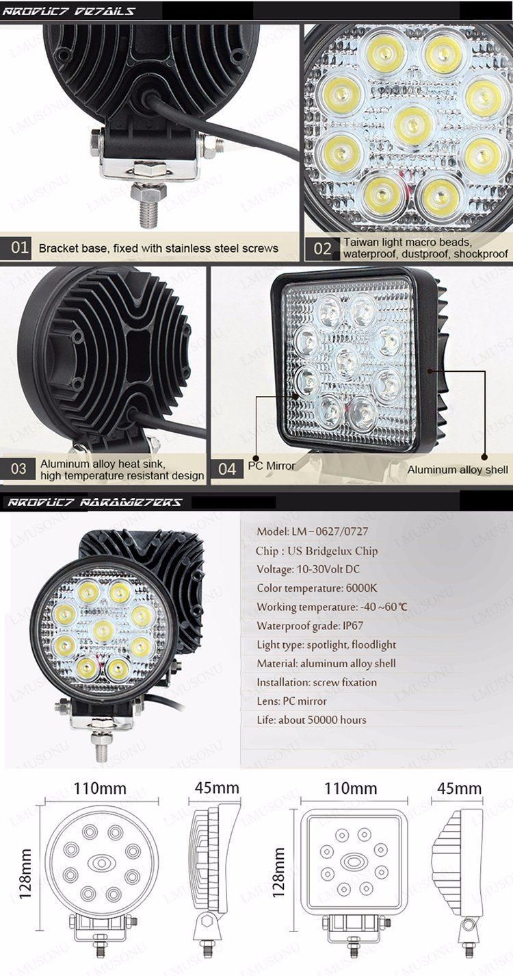 Offroad IP67 Bridgelux 4.3 Inch Round 27W LED Work Lights