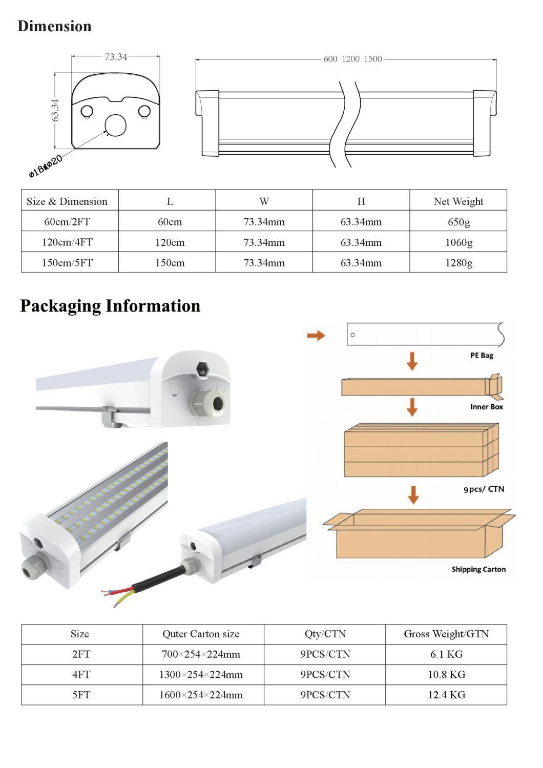 Vapor Tight LED Linear Light Fixture 1.2m 40W Tri-Proof IP65 Tube Lamp