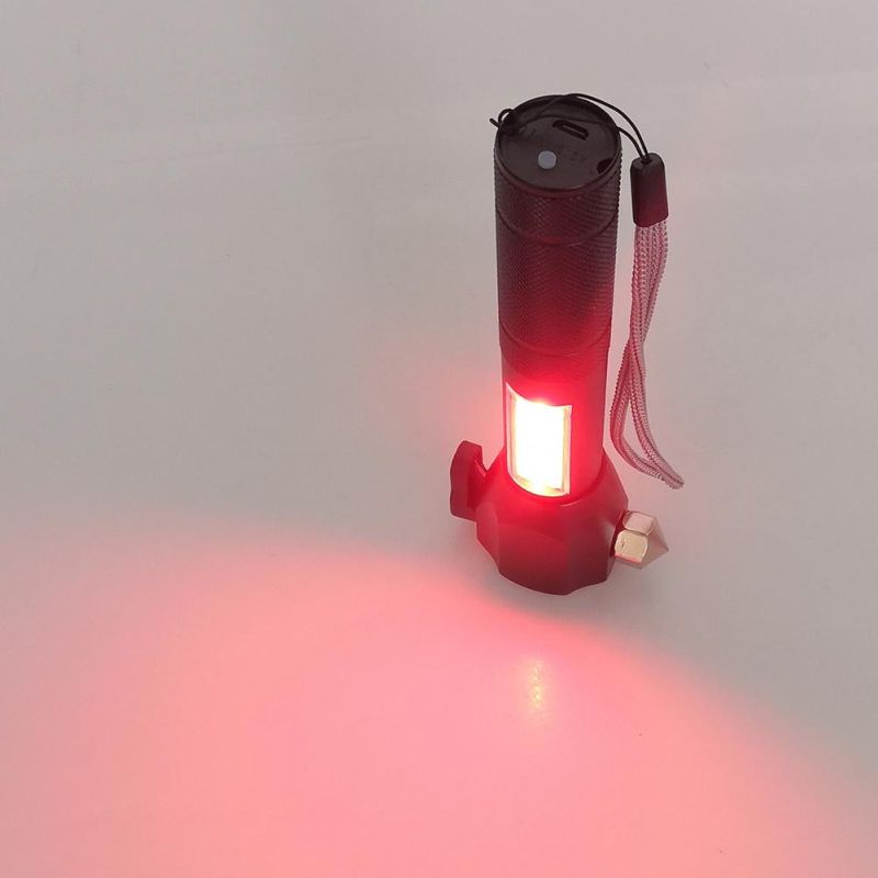 Yichen Rechargeable Zoomable LED Safety Car Emergency Flashlight with Red Warning Light Belt Cutter and Window Breaker