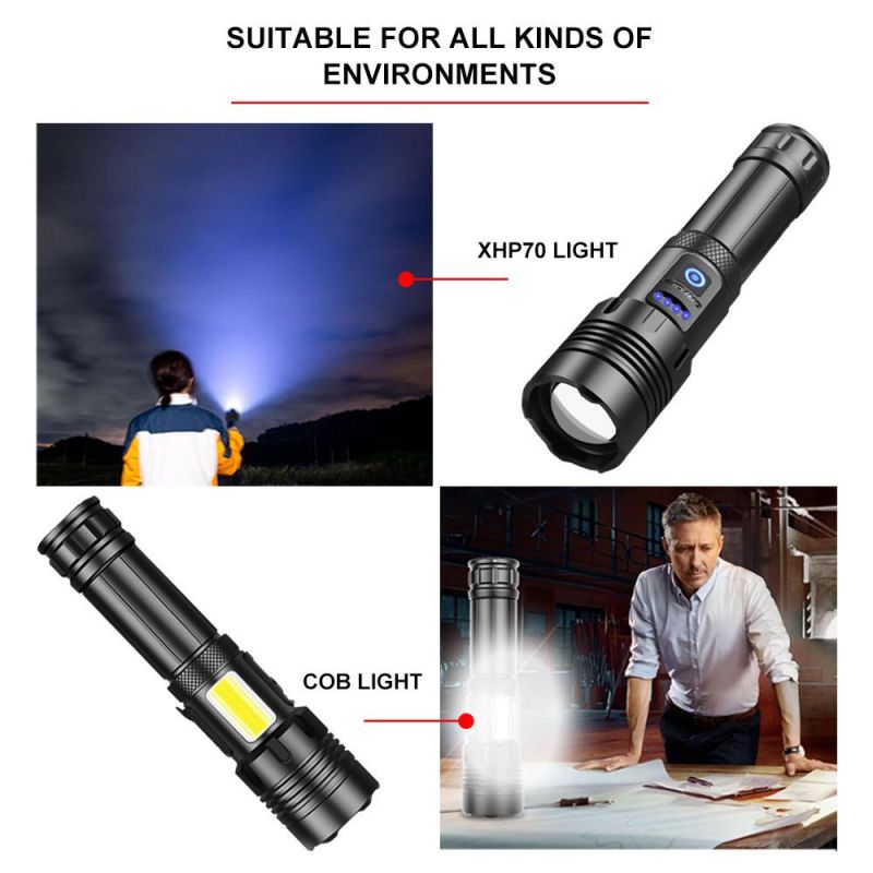 Xhp70+COB Red and White Light Strong Flashlight New Zoom P70 Flashlight COB Rechargeable Flashlight