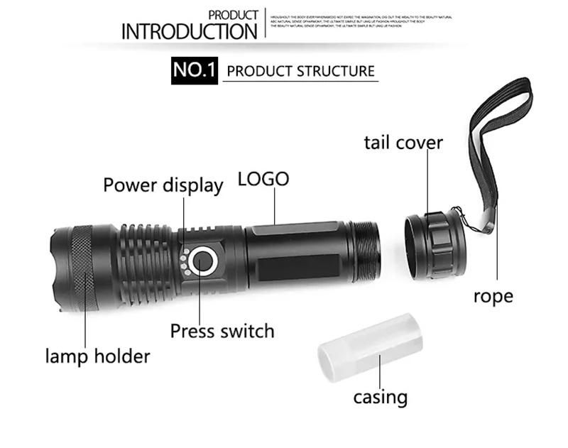Outdoor 3000 High Lumens Tactical Flashlights with 18650 Battery Camping Hiking USB Rechargeable Zoomable LED Flashlight
