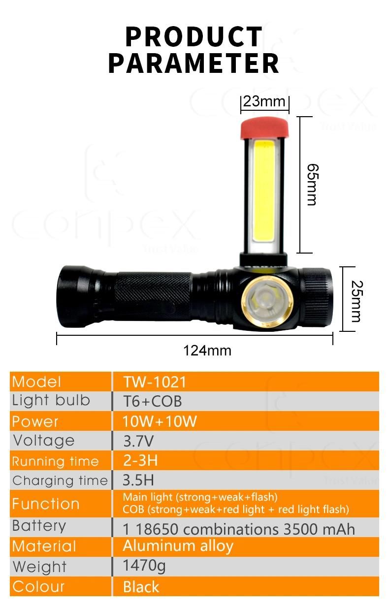 High Power Multifunction Mini LED Flashlight Torch, COB Zoom 18650 Manual Rechargeable Flashlight for Self Defense