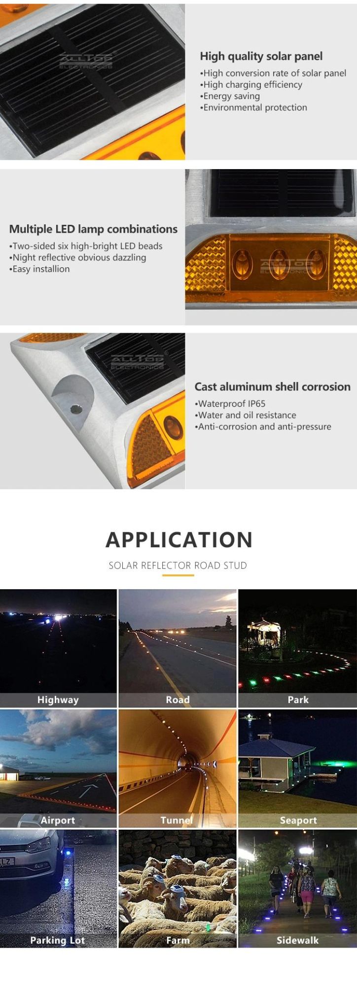 Alltop High Quality Solar Charging Solar Powered Outdoor Waterproof Lights Road Stud LED Reflector