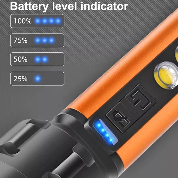 USB Input Rechargeable Built-in 18650 Li-ion Battery High Power Aluminium Alloy LED COB Side Torch Flashlight