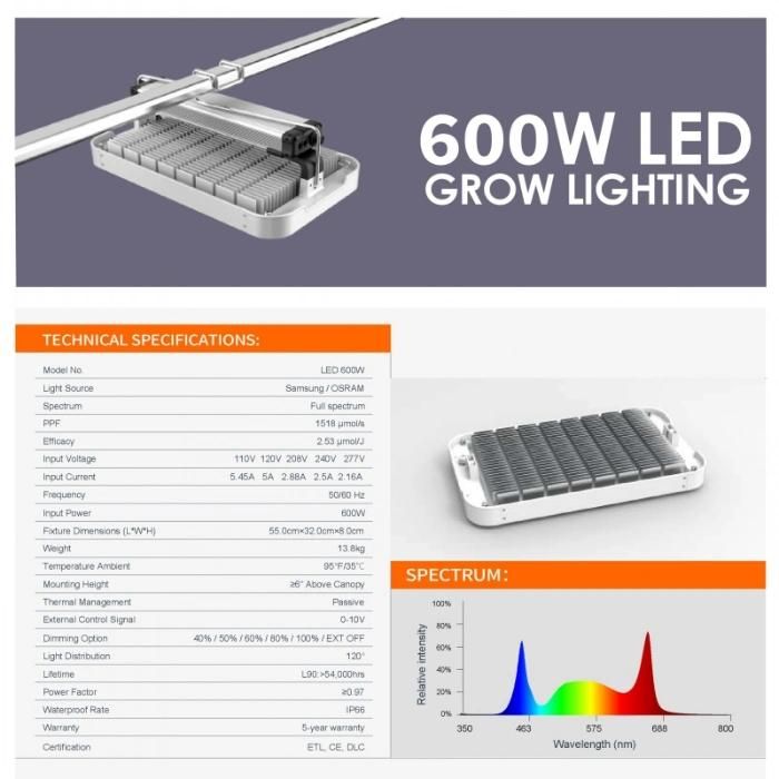Agricultural Panel Plant Lamp Canopy Top Bar Full Spectrum LED Grow Light 600W 800W