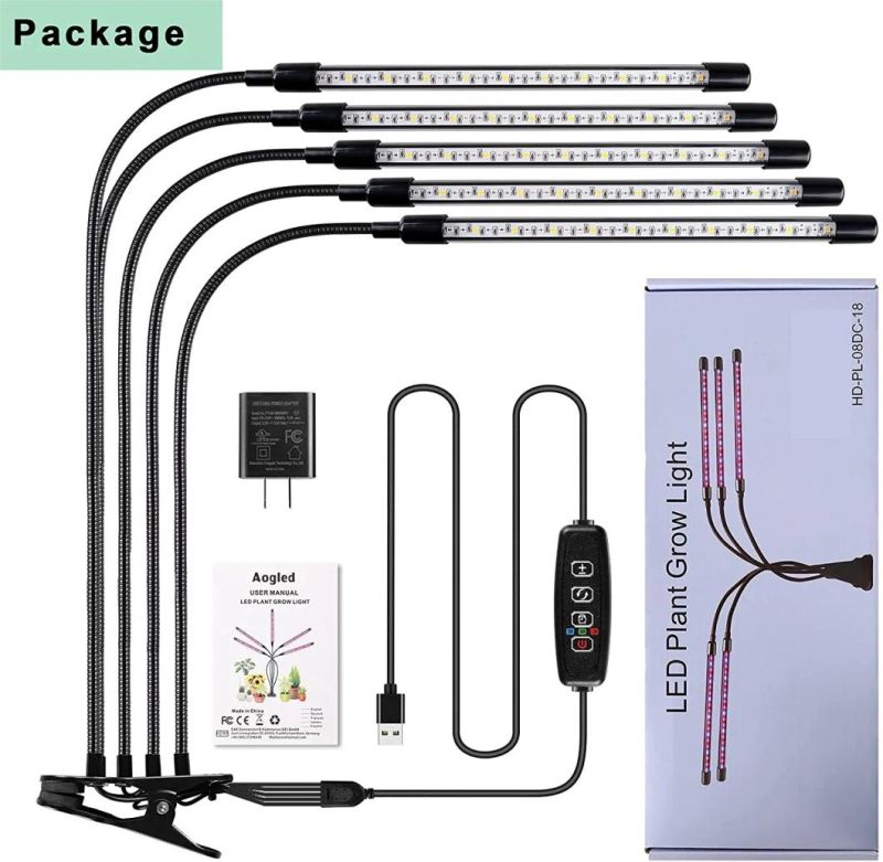 2022 Newest 5 Tube 50W Clip LED Grow Light for Seed Starting with 3/9/12h Timer, 10 Dimmable Levels, 3 Switch Modes, Growing Lamp Suitable for Indoor Plants