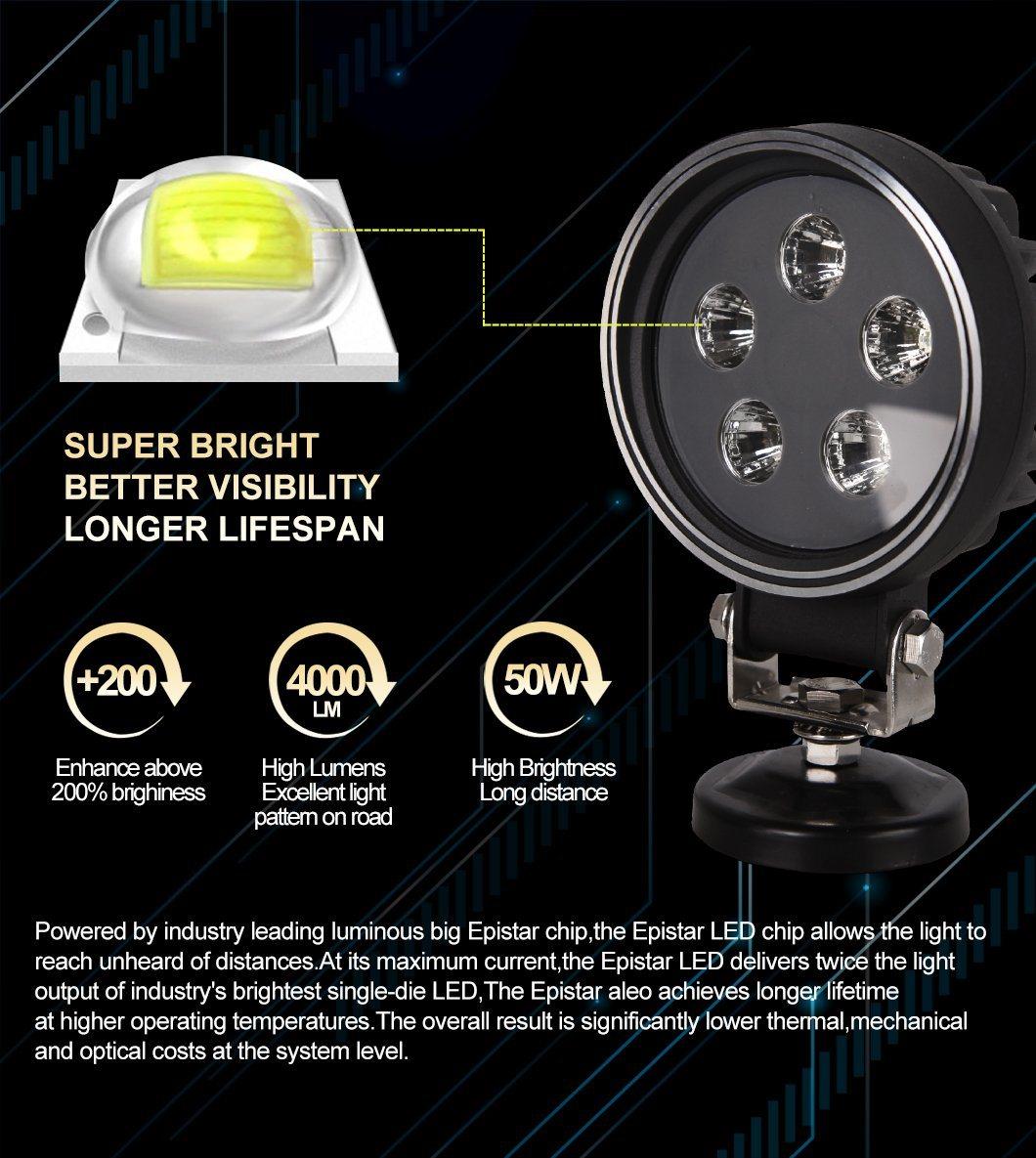 Easy Installation Farm Vehicle 12V 50W LED Work Light 48W Round Worklight with 1 Year Warranty