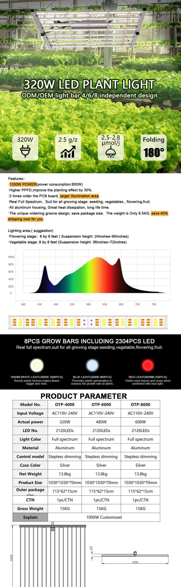 Full Spectrum 1000W 8 Bar LED Grow Light Flower Plant Phyto Growth Lamps for Aquarium Greenhouse Plant Growing