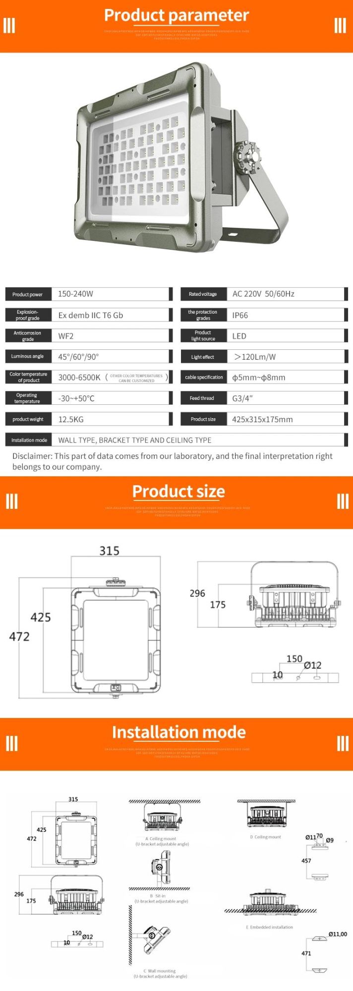 Warehouse Lighting IP68 100W 5000K Explosion-Proof Lights Class 1div2