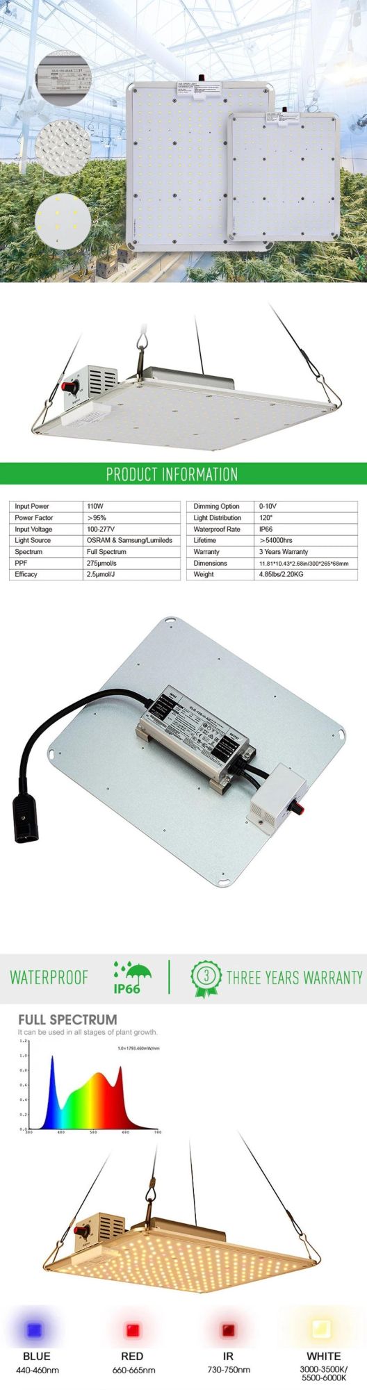 110W Full Spectrum LED Grow Light for Greenhouse Hydroponic Lighting System