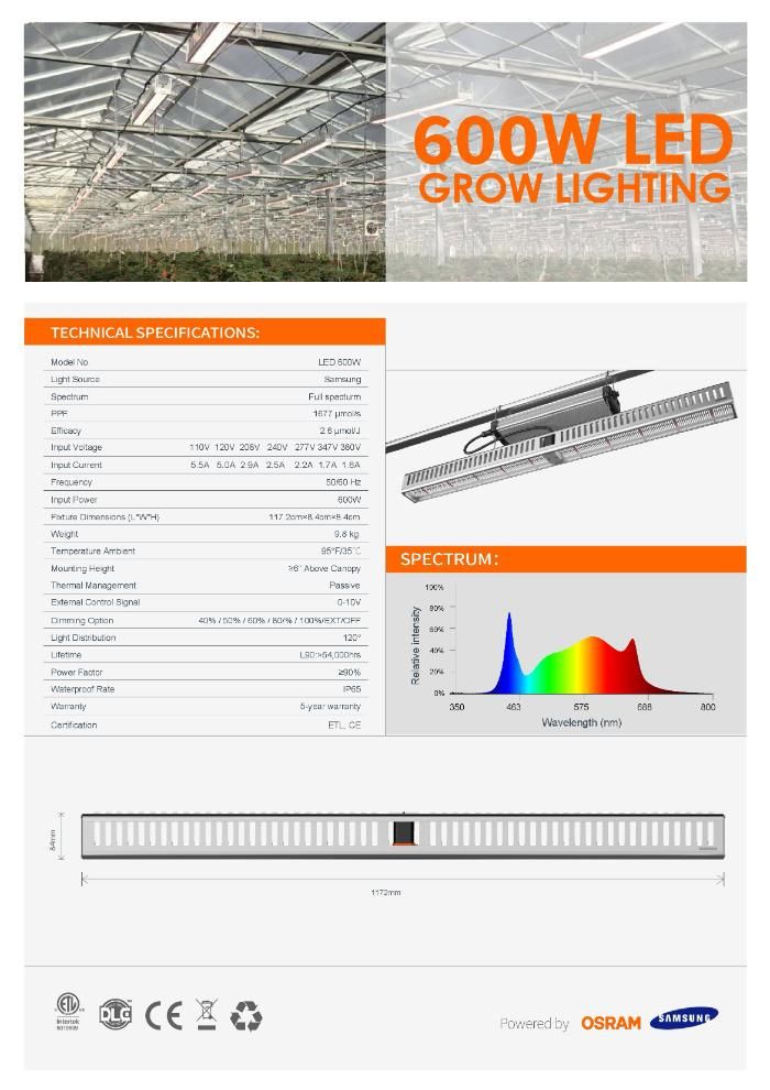 Greenhouse Plant Fluence 600W Top Lighting Bar LED Grow Light