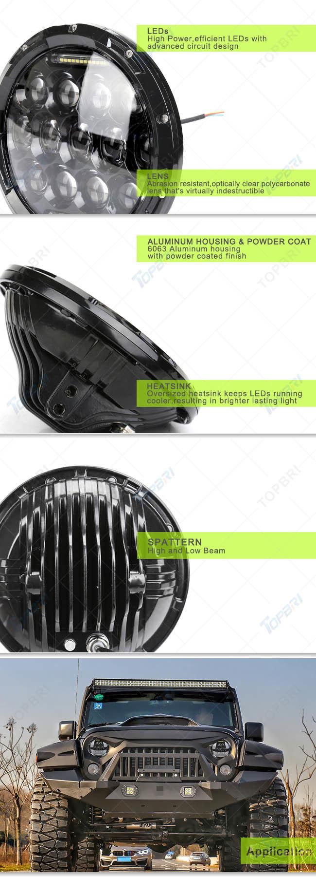 Round IP67 Jeep Wrangler 75W LED Offroad Trucks Motorcycle Headlight