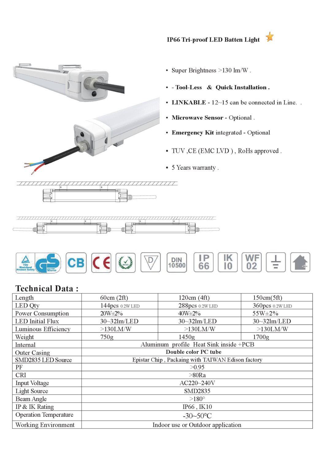 Washdown Vapor Luminaire IP65 2FT 20W Bulb LED Batten Lights