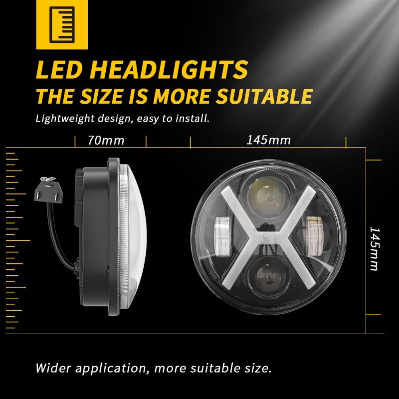 Dxz 12V 24V CREE LED Headlight with DRL Turn 5.75 Inch X-Shaped Round for Jk Wrangler Jeep Motorcycle High Low Beam