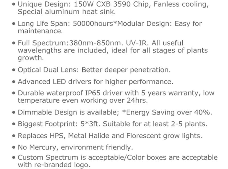 Full Spectrum 3 Year Warranty 2.8 Umol/J Commercial COB 450W LED Grow Light