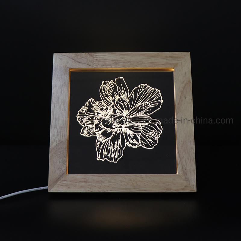 Decorative Lighting Beautiful Flower Acrylic Bedside Desk Lamp Wooden LED Photo Frame Night Light with USB Switch