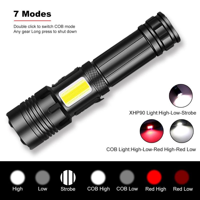 Xhp70+COB Red and White Light Strong Flashlight New Zoom P70 Flashlight COB Rechargeable Flashlight