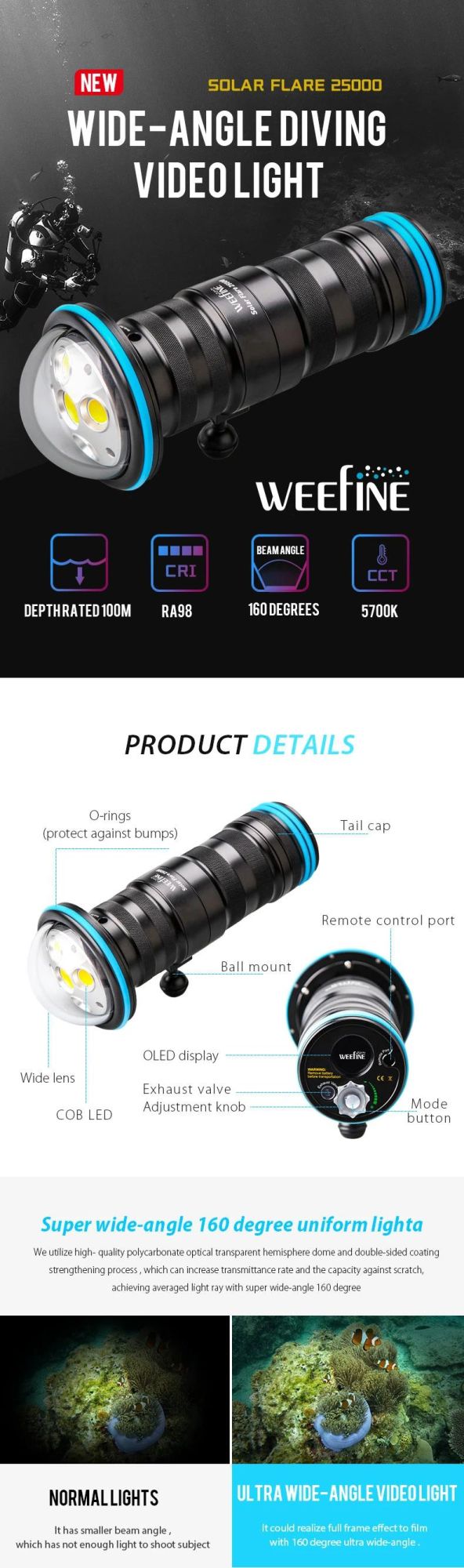 Super Wide Beam Angle Underwater 100 Meters Professional Underwater Equipment Diving Photography Light with Wide Lens