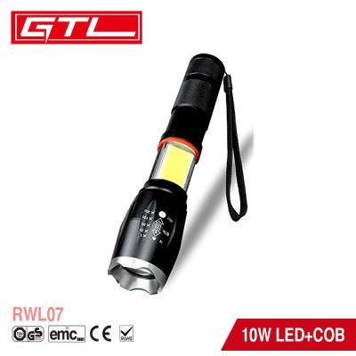 COB LED Torch Super Bright Zoomable Waterproof Handheld Tactical Flashlight with 18650 Rechargeable Battery and USB Charger