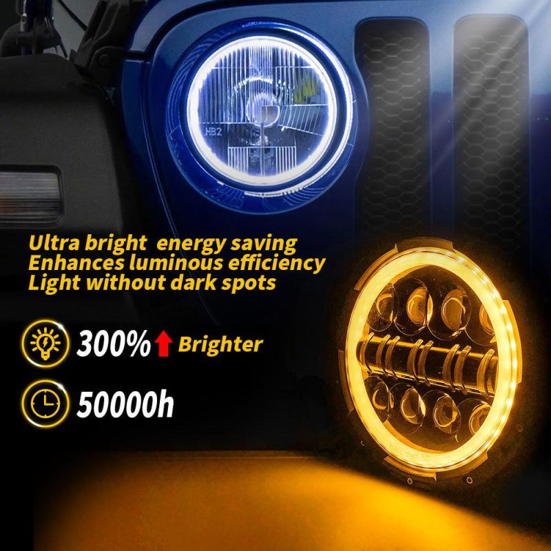 Dxz 16LED Thin Round with Aperture Super Bright 7 Inch High Low Beam DRL LED Headlight with Halo Ring for Jeep Wrangler Tj Jk