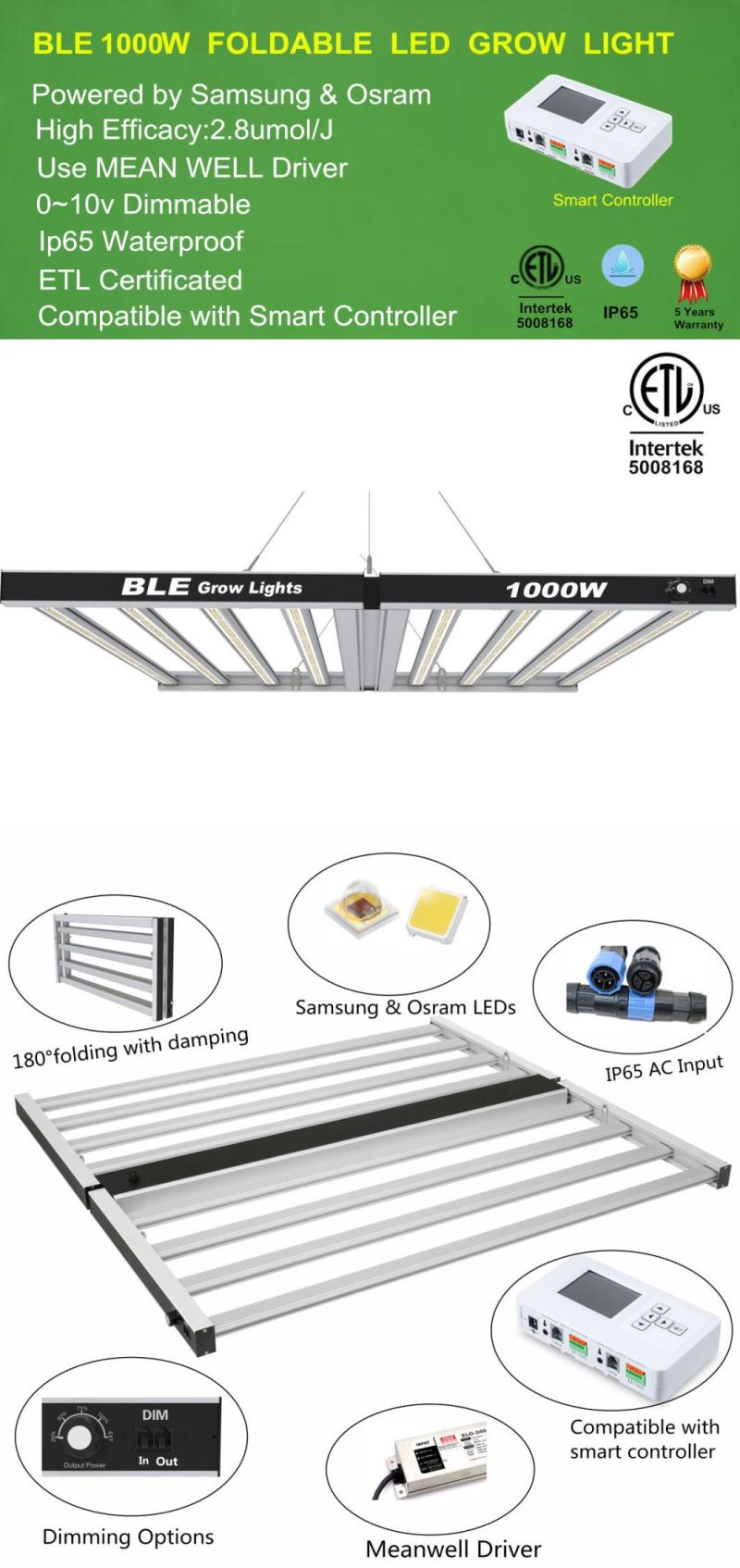 BLE Top Quality 1000W Samsung Lm301b Lm301h LEDs Meanwell Driver Full Spectrum LED Grow Light