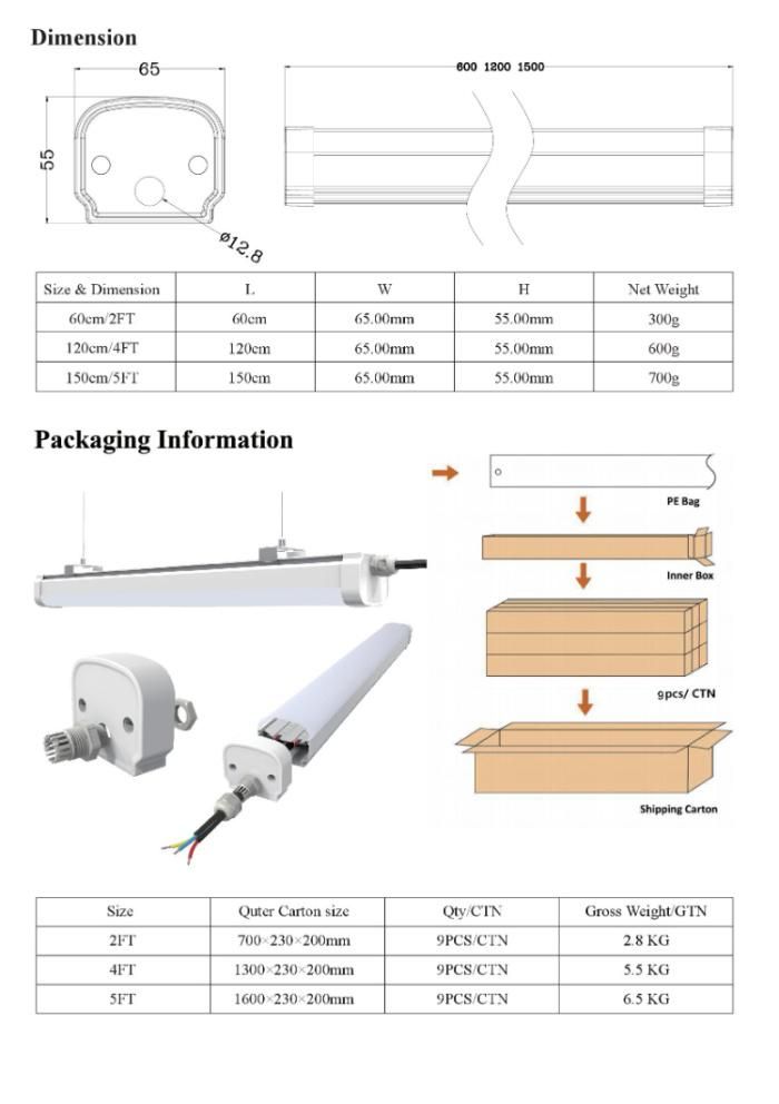 5FT 40W Linear Vapor Tight Fixture LED Weatherproof Batten Light