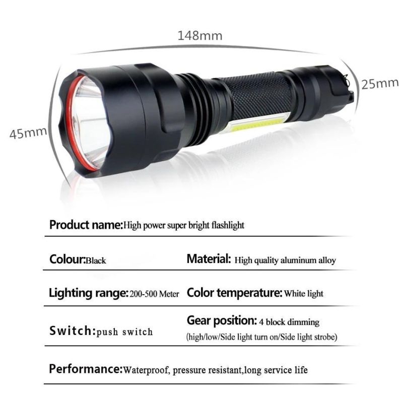 C8-COB LED Flashlight T6 + COB 4 Mode Torch Waterproof Aluminum Lanterna by 18650 Rechargeable for Camping Hiking