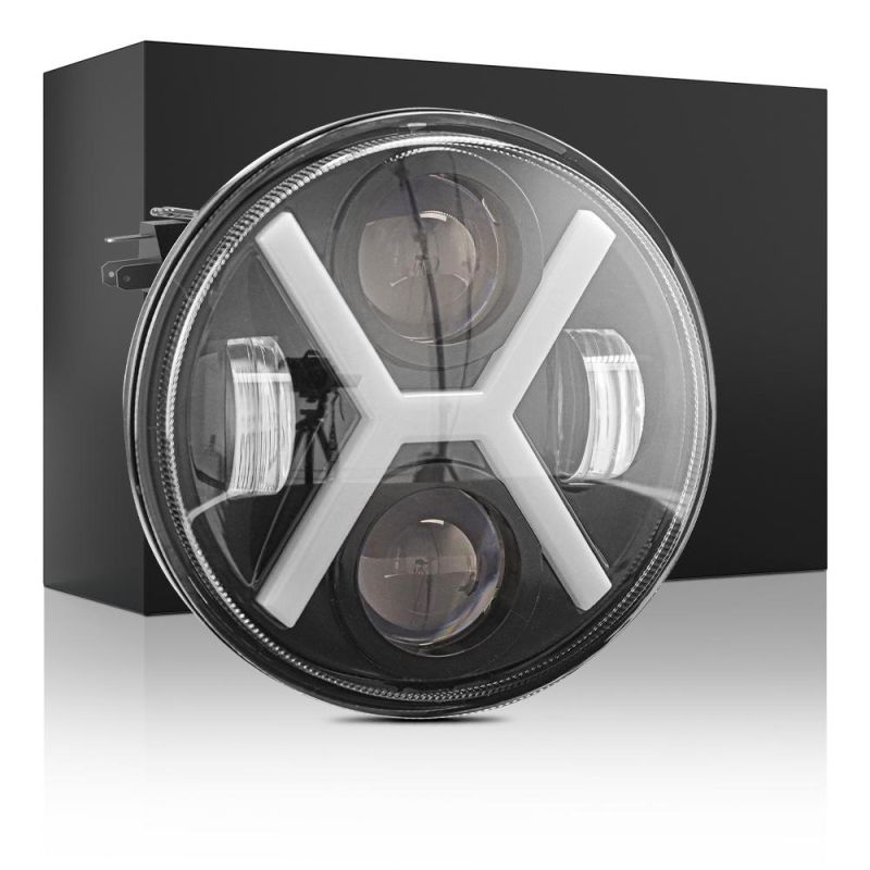 Dxz 12V 24V CREE LED Headlight with DRL Turn 5.75 Inch X-Shaped Round for Jk Wrangler Jeep Motorcycle High Low Beam
