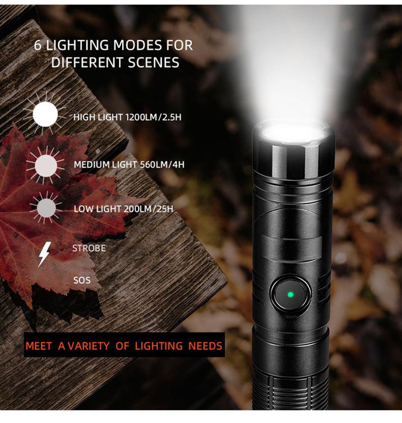 New Design Type C Rechargeable LED Flashlight Zoom Aluminum LED Work Light Torch & Flashlight Zoom LED Flashlight Aluminium Tactical Flashlight