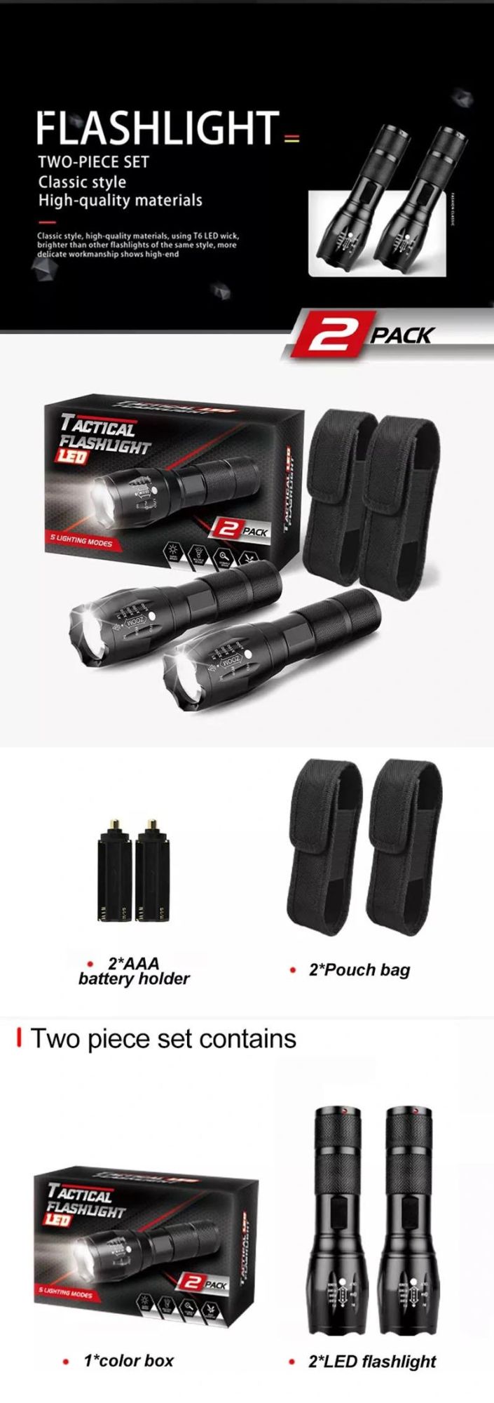 High Power Camp Waterproof Flash Light Set Powerful USB Rechargeable Tactical Torches Flashlights LED Flashlight Manufacturer
