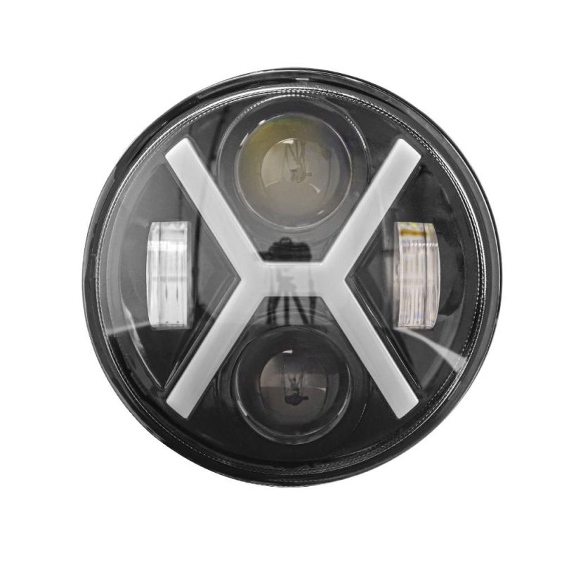 Dxz 12V 24V CREE LED Headlight with DRL Turn 5.75 Inch X-Shaped Round for Jk Wrangler Jeep Motorcycle High Low Beam