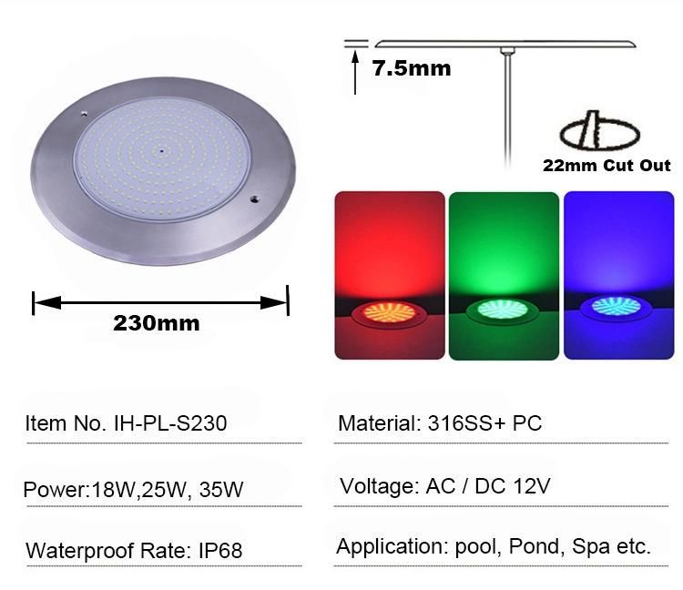 316 Ss Ultra Thin 7.5mm 25W Warm White Swimming Pool LED