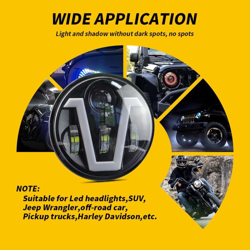 Dxz 12V 24V CREE LED Headlight with DRL Turn 5.75 Inch V-Shaped Round for Jk Wrangler Jeep Motorcycle High Low Beam