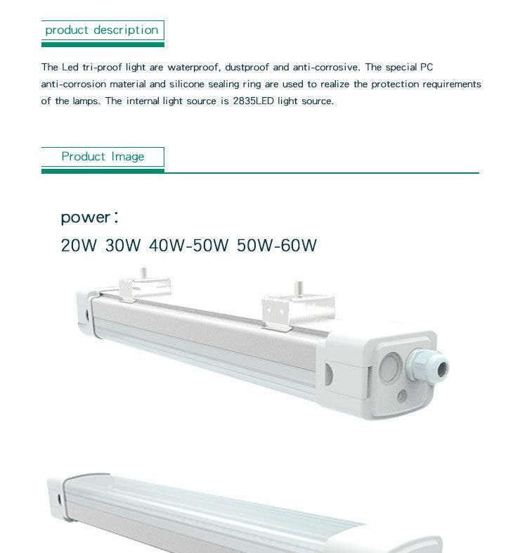 China Supplier PC Cover IP65 Waterproof 3000lm 30W LED Triproof Linear Light