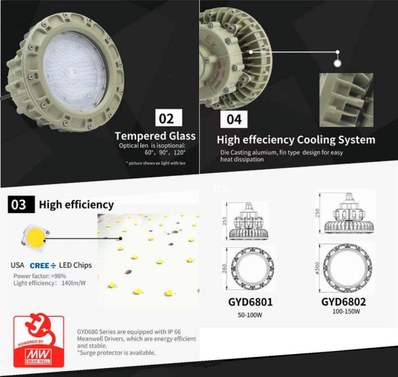 IP66 or IP67 Flame Proof Atex Zone 1 & Zone 21 LED High Bay and Flood Light 100W 120W 150W 185W 200W Luminaires for Use in Hazardous (Classified) Locations