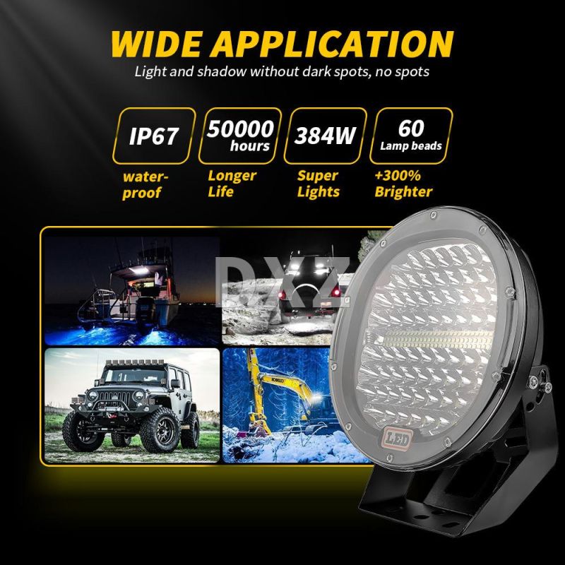 Dxz Wholesale High Power Bumper Car Spotlight Round LED Driving Truck off-Road 9" Inch Car LED Spotlight 128LED 384W