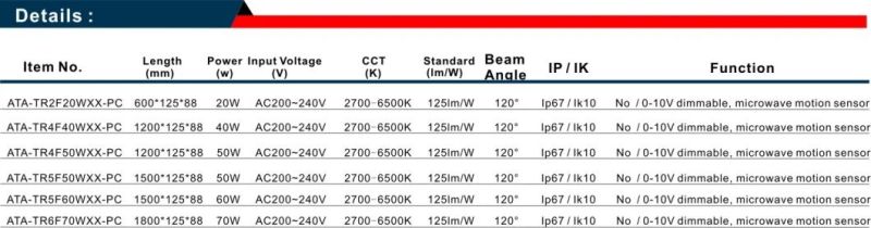 20W/30W/40W/50W/60W/80W Plastic LED Tri-Proof Light with Ce RoHS UL SAA