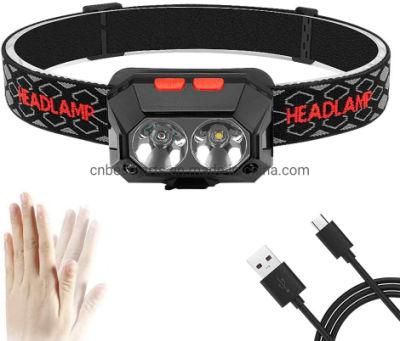 Wholesale Rechargeable Head Torch Lamp Portable Mini Headlight with 4 Modes Double LED White Red Flashing Headlights Motion Sensor LED Headlamp