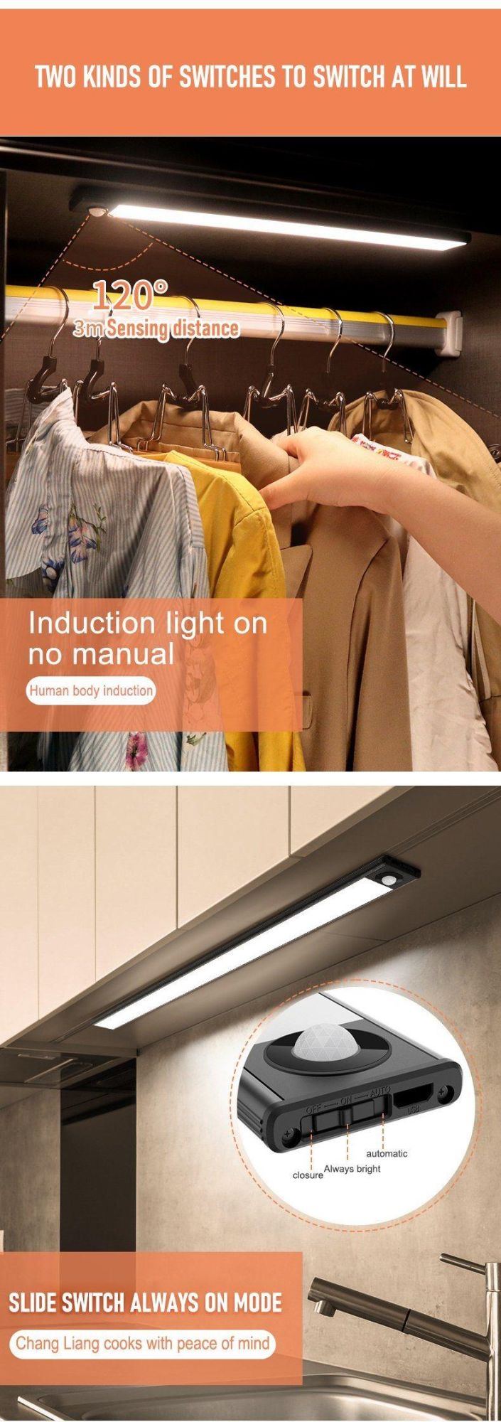 23cm Slim Rechargeable PIR Motion Sensor Cabinet Lights LED Under Cabinet Lighting