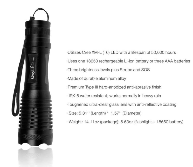 Super Bright Compact Zoomable Rechargeable 800 Lumens CREE Xml T6 LED Flashlight