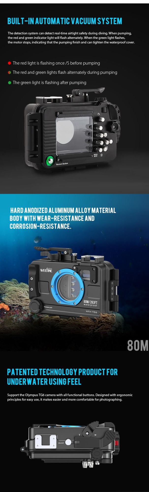 Waterproof Deep to 80m 263feet Camera Housing for Underwater Taking Photos