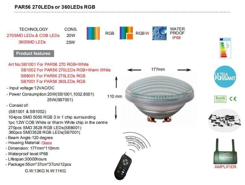 PAR56 12V 20W 270LEDs Glass Swimming Pool Lamp Underwater LED Light RGB with Remote Control<Sb8001>
