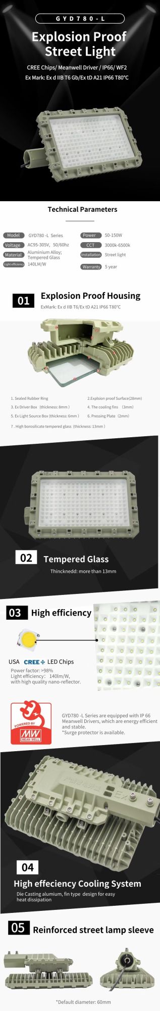 IP65 IP66 Ik09 Iecex Atex Listed 6500K High Efficiency Symmetrical Light Distribution 140lm/W 100W 120W Ex Modern High Bay Explosion-Protected Flood Light