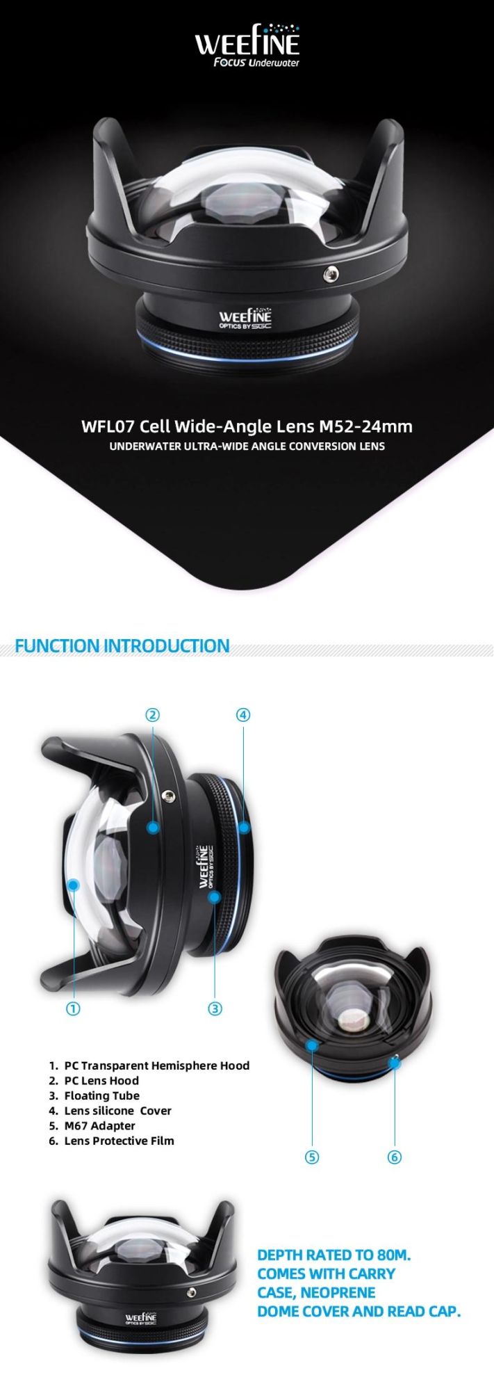 Wide Angle Interchangeable Underwater Lens of Diving Gear for Smartphone Housings