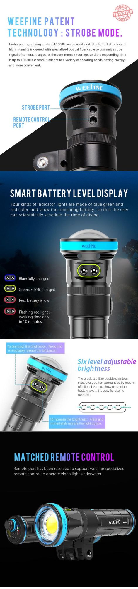 Photography Underwater Flashlight with Patent Design Battery Level Color Indicator