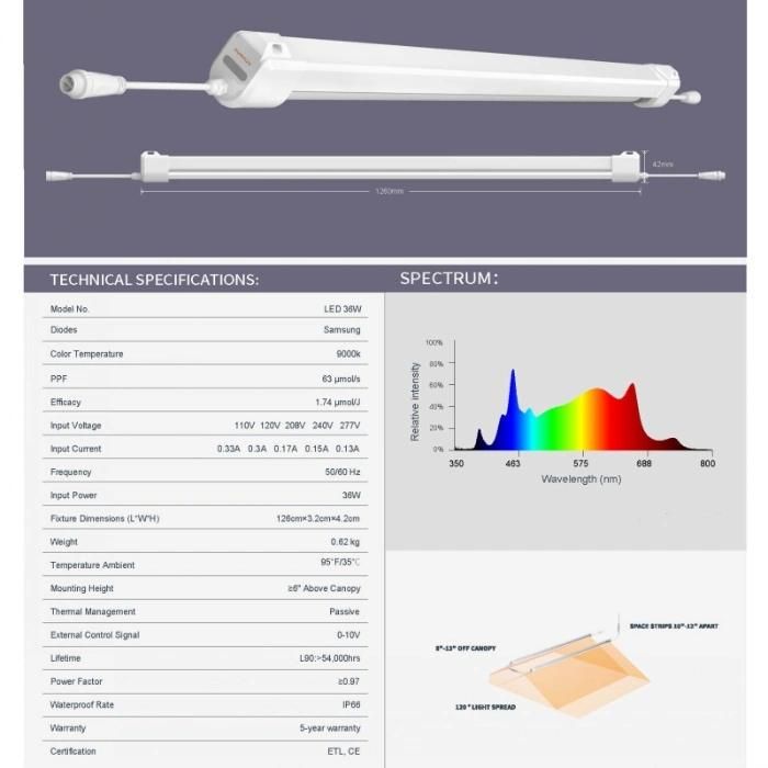 Indoor Waterproof IP65 Hydro Vertical Seeding Vegatable Plant 1.2m 4FT Strip Bar Intgerated T5 18W 36W Tube LED Grow Light