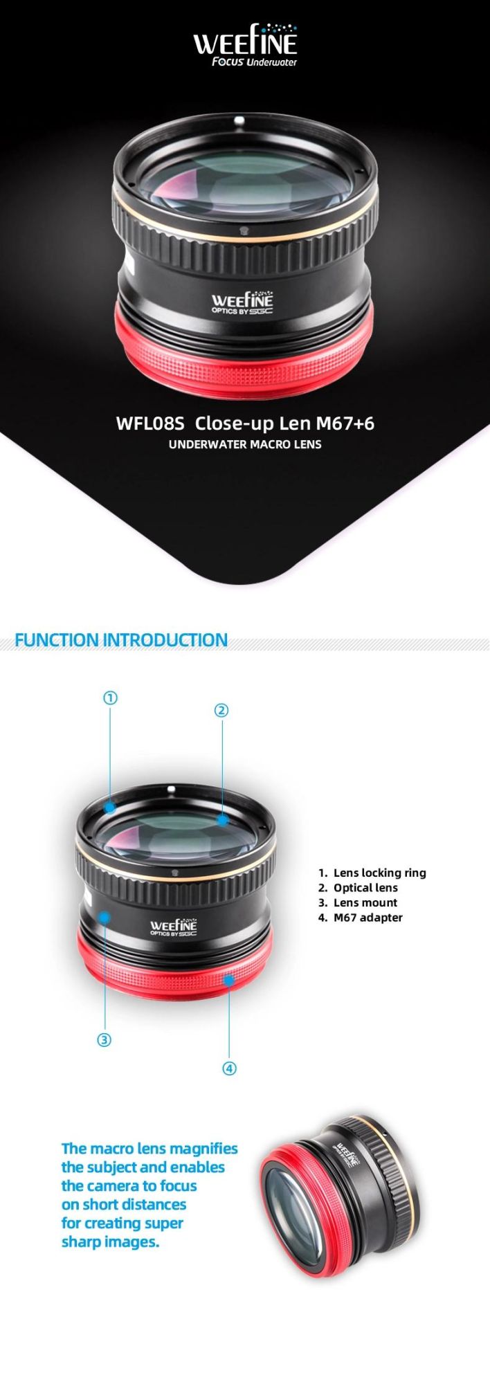 Underwater Camera Lens for Close-up Shooting in a Very Short Object Distance (30mm-53mm)