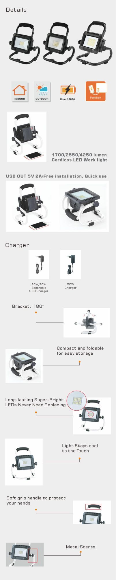 Rechargeable 50W LED Work Light 4250lm Work Light with Sos