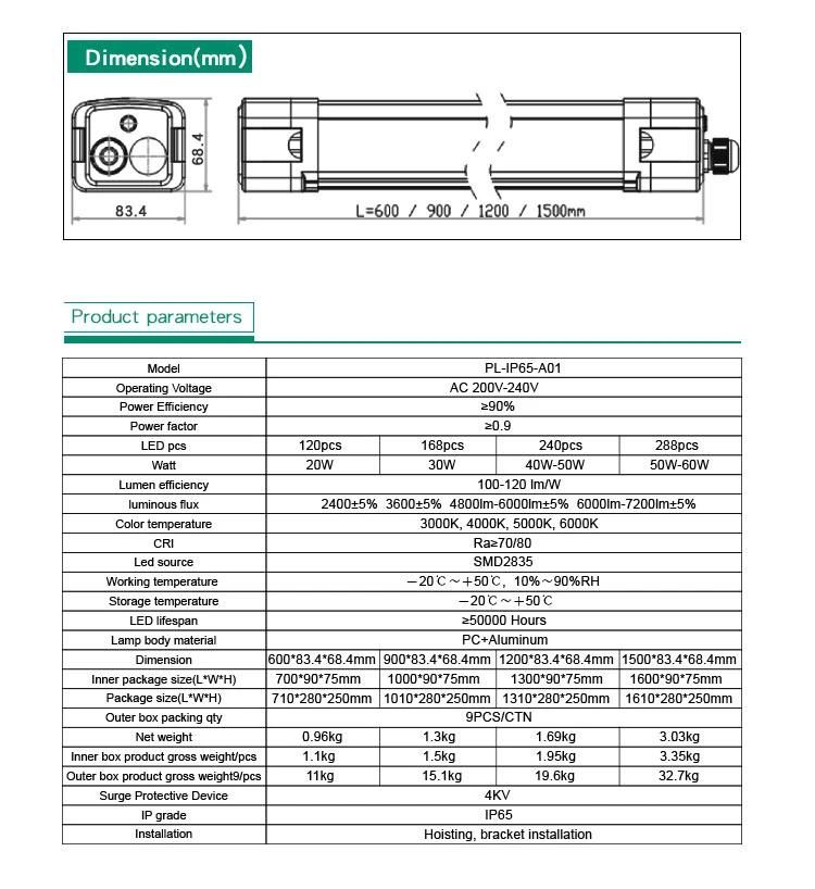 Tube Waterproof Linear LED IP65 LED Batten Light Fixture 50W 60W LED Tri Proof Light