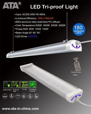 180lm/W Ik10 IP65 2FT/3FT/4FT/5FT 50W/80W/100W/150W LED Tri-Proof Light